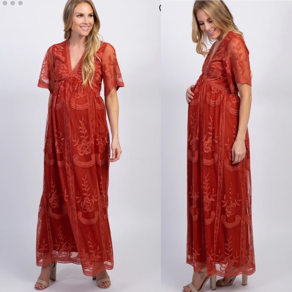 Pinkblush Dresses & Skirts - PinkBlush Rust Red Orange Lace Mesh Overlay Maternity Maxi Dress